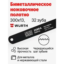 Полотно ножовочное по металлу, HSS-BiMetal, L300мм, 24зуб., Zebra